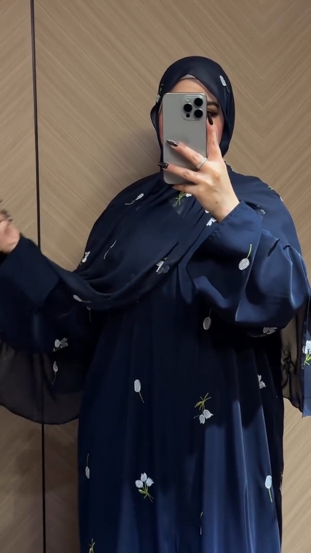 Elegant Floral Navy Blue Abaya Set