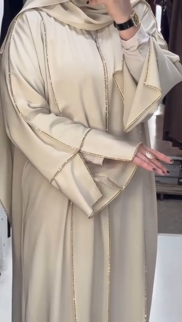 Luxury Beige Crystal Trim Abaya