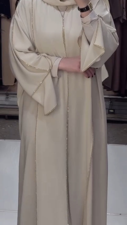 Luxury Beige Crystal Trim Abaya