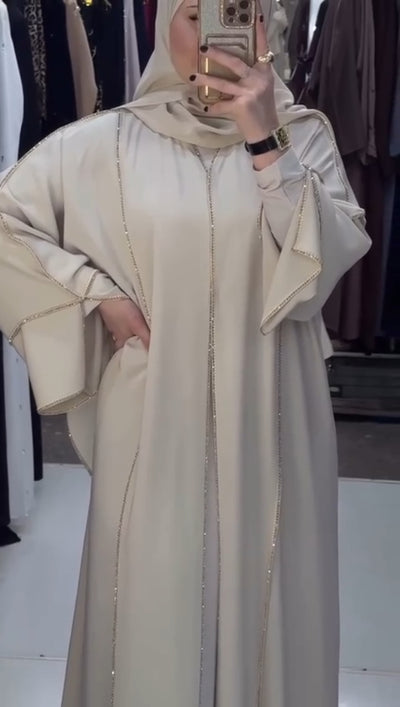 Luxury Beige Crystal Trim Abaya
