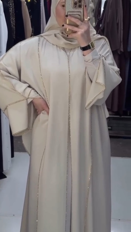 Luxury Beige Crystal Trim Abaya