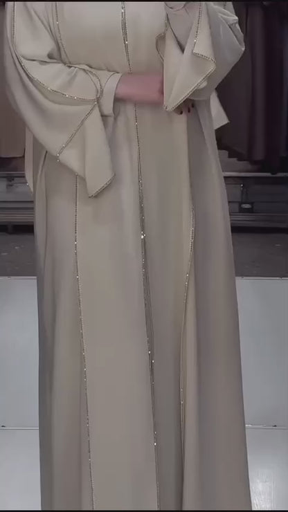Luxury Beige Crystal Trim Abaya